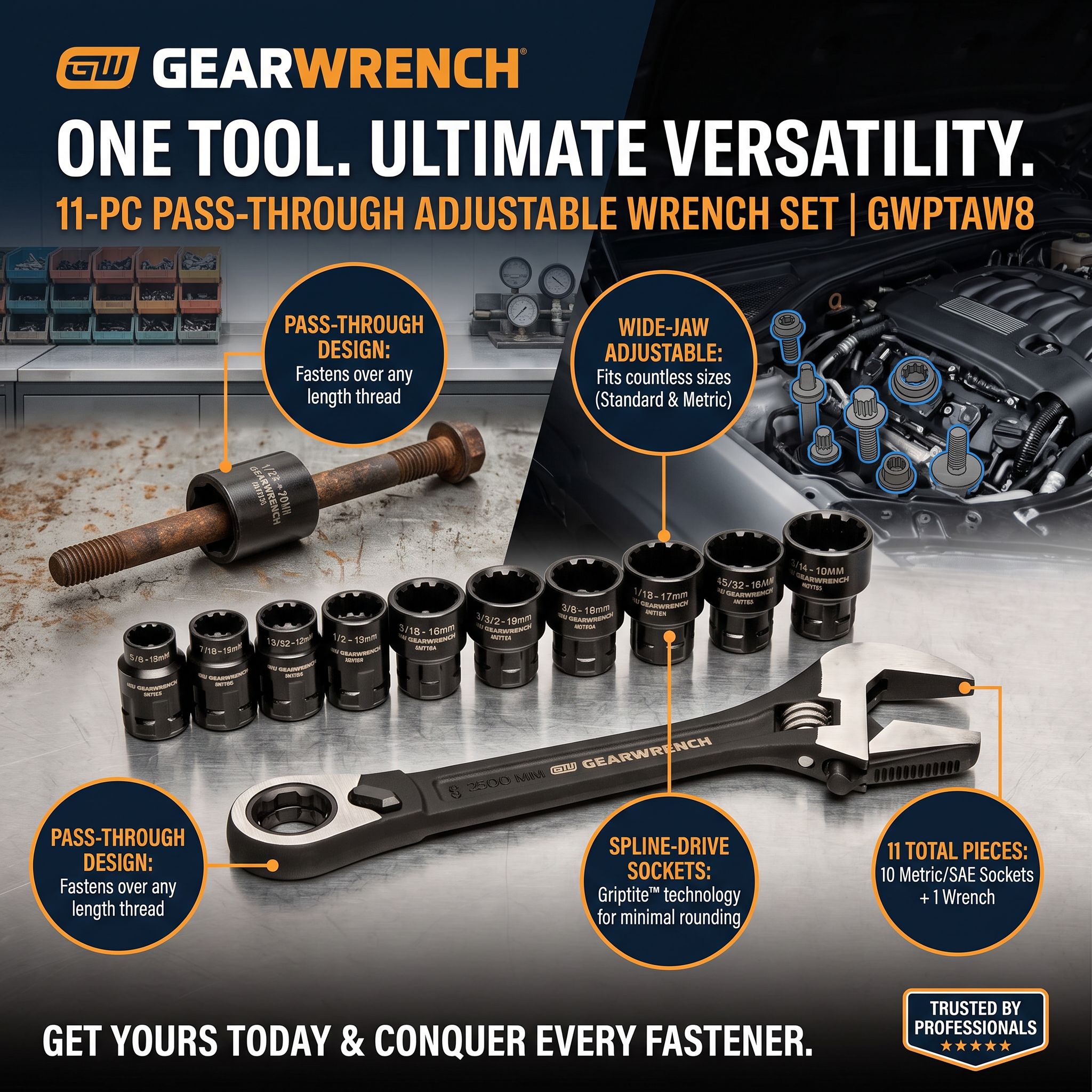  GEARWRENCH 11 Piece Pass Through Adjustable Wrench Set