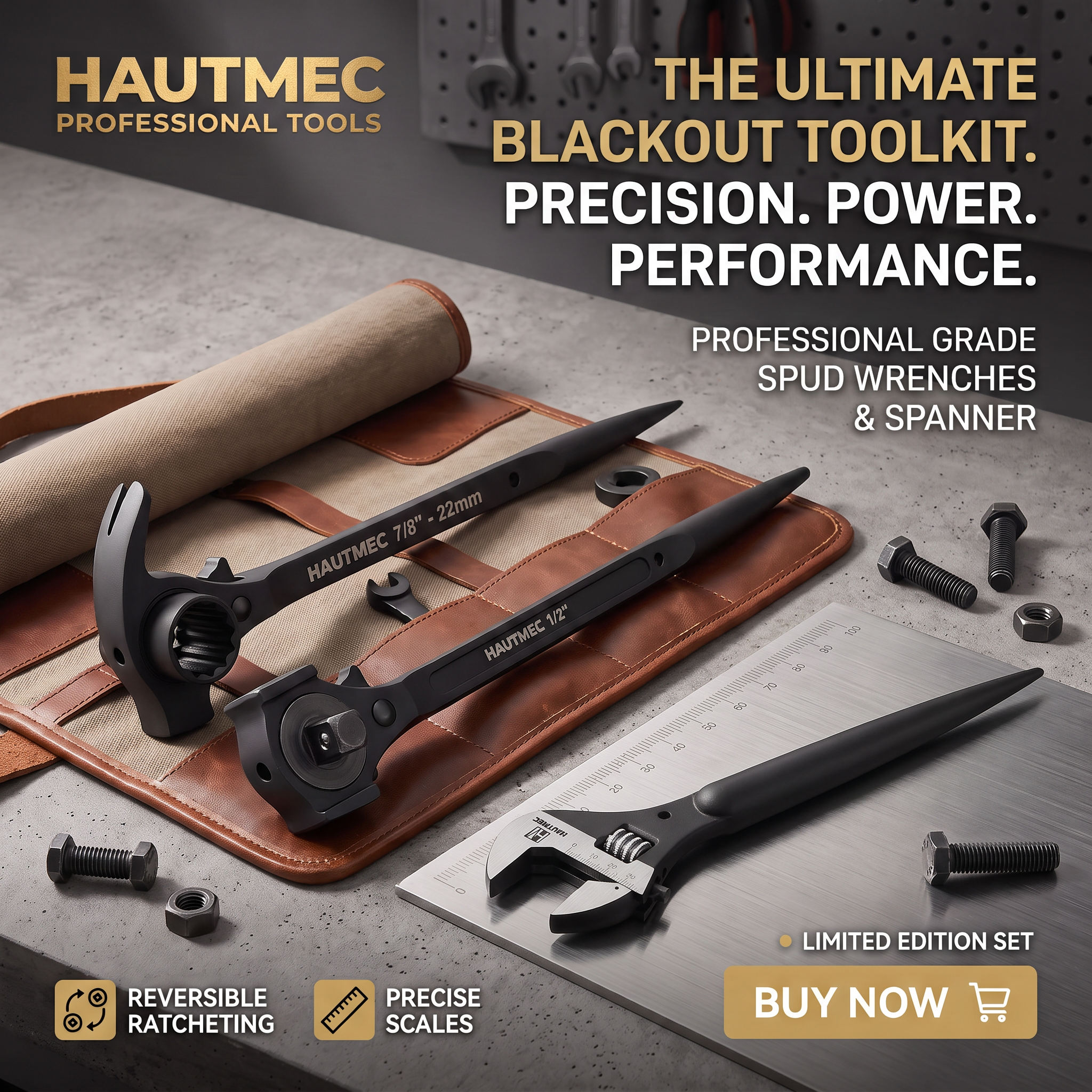 HAUTMEC 12inch Spud Ratchet Wrench , 3/8" x 1/2" Dual Head Ratchet, and Adjustable Spud Wrench