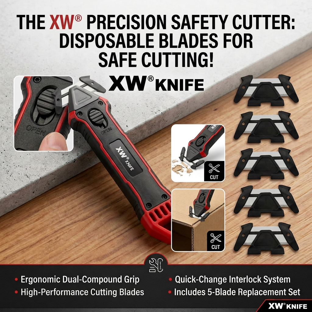 XW Safety Box Cutter with Quick Blade Change, Extra 5 Replacement Blades Included