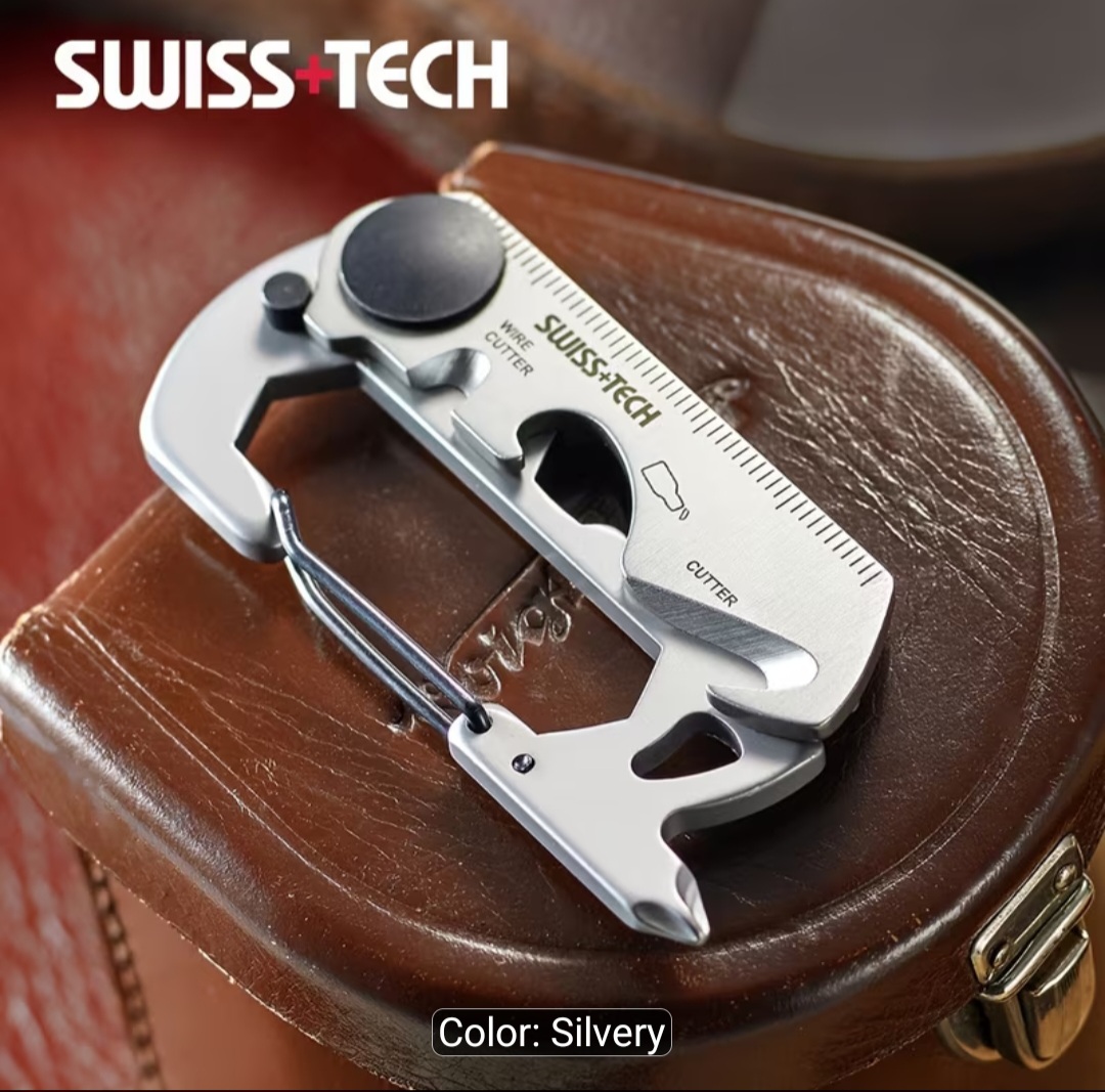Carabiner multi-tool clipped to a bag strap